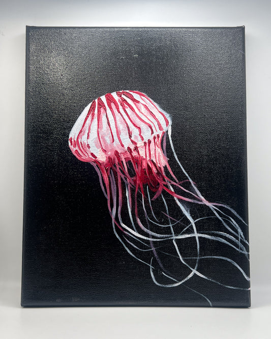Canvas painting of a red jellyfish on a black background